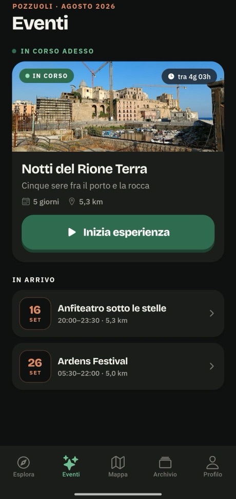Schermata dell’app Iter: Gli eventi in zona, alcuni con un percorso tutto loro.